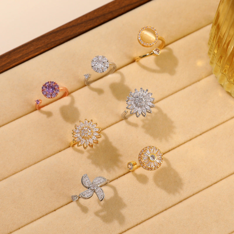 Micro-pave Flower Swivel Zircon Heart Ring