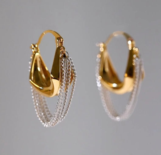 Gold And Silver Contrast-color Chain Tassel Earrings For Women