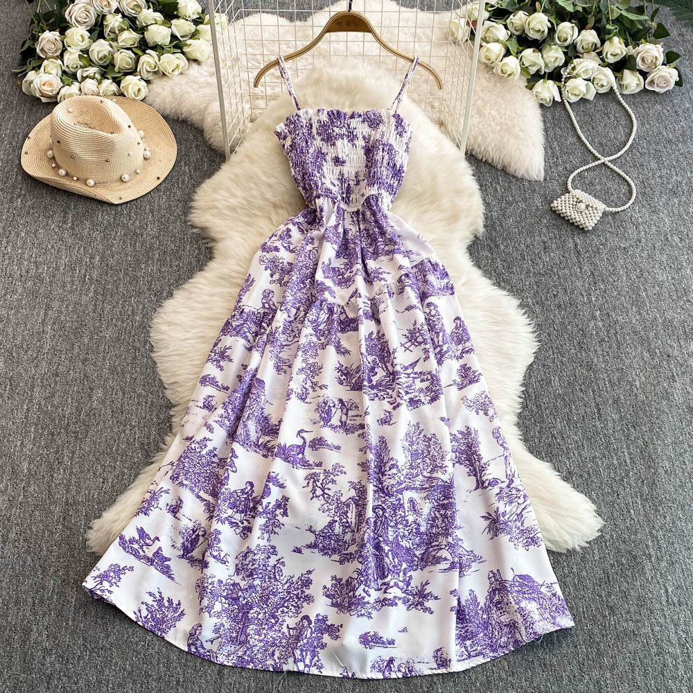 Womens Retro Chiffon Printed Backless Slip Dress