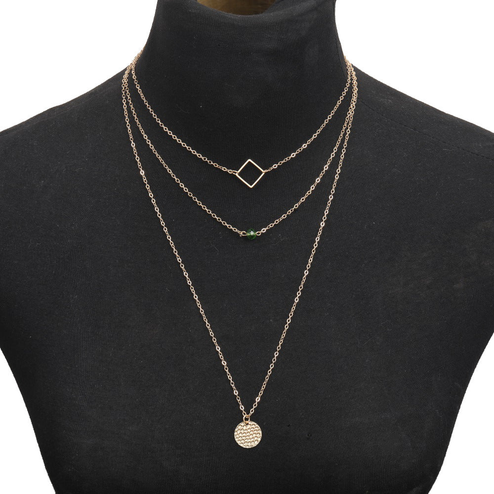 Fashionable Green Diamond Disc Square Alloy Necklace With 3 Layers