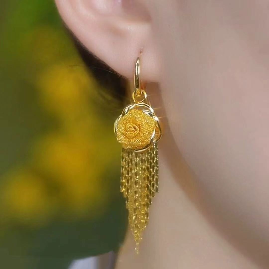 Golden Rose Waterfall Tassel Earrings